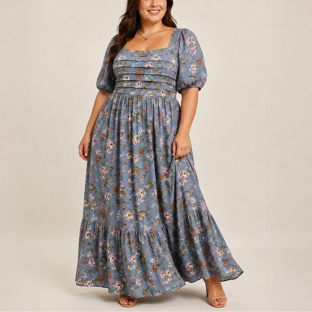 Arula Gracia Maxi Dress 2X Blue Floral Puff Sleeve Tiered Smocked Cottagecore - Picture 1 of 9